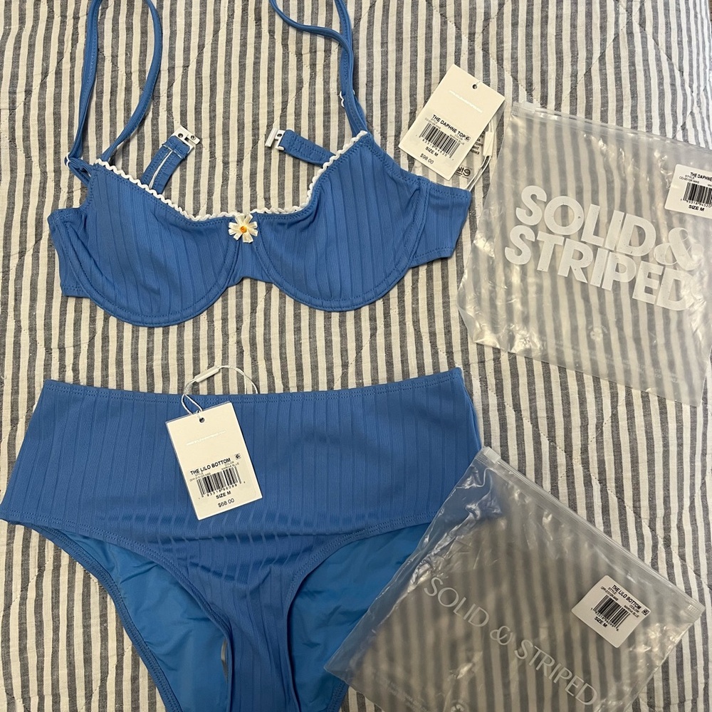 SOLID & STRIPED Blue Swim Top and Highwaisted Swim Bottoms